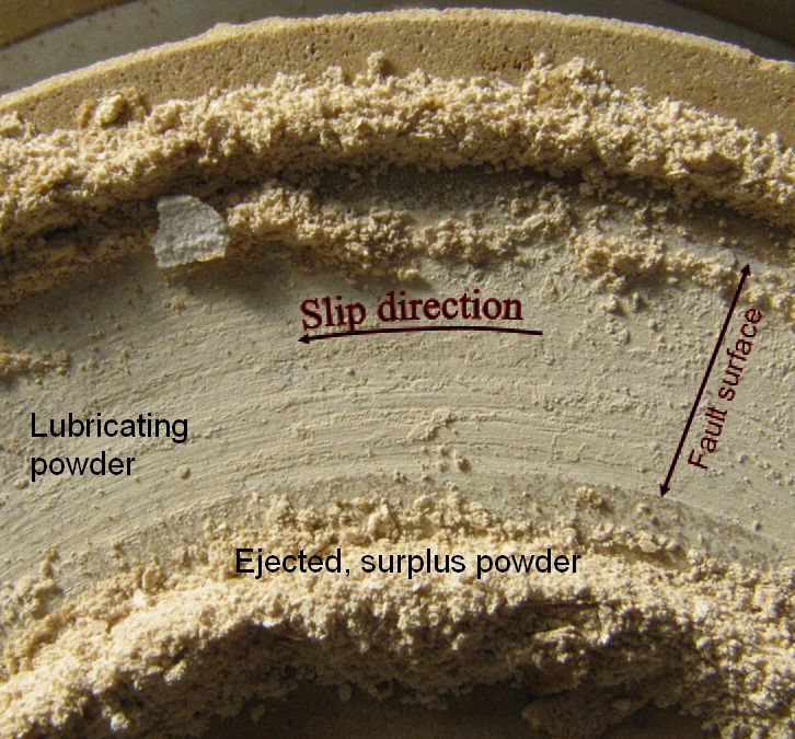 A close-up of the test apparatus shows lubricating powder that formed when rocks were ground against each other to simulate earthquake movement. Image: Ze’ez Reches